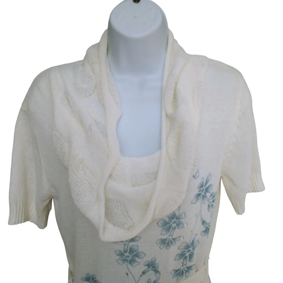 Le Grenier Knit Retro  Sweater Dress With Cowl Neck and Belt Cream/Blue M - Picture 2 of 7